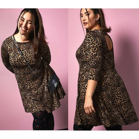 Torrid Betsey Johnson Leopard Skater Ponte Cutout Back Punk 3/4 Sleeve‎ Dress 0X - Picture 2 of 2